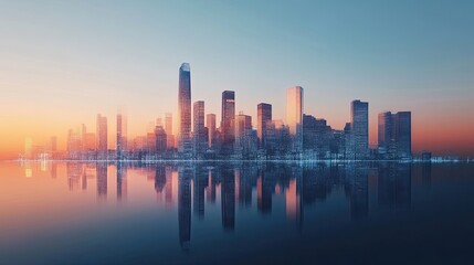Fototapeta premium City Skyline Reflected in Water at Sunset