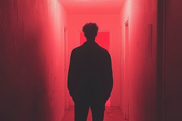 Silhouette of a Person in a Red Hallway