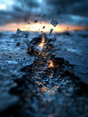 An artistic portrayal of money bursting from a cracked surface, symbolizing wealth and opportunity amidst adversity.