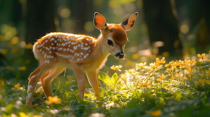 Cute Little Fawn Standing in a Meadow of Yellow Flowers Illustration