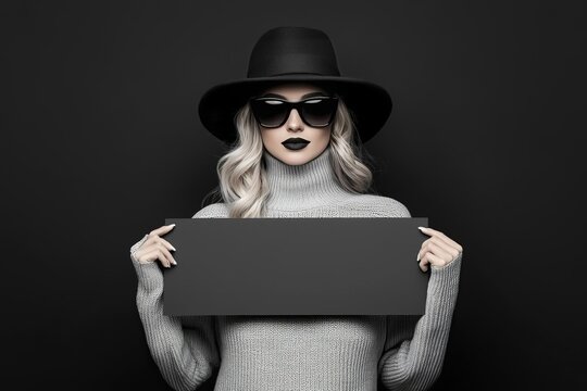Chic fashion model holding sale signs, Black Friday fashion deals, edgy streetwear, contrast lighting, dynamic composition for advertising, monochrome palette,