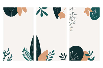 Abstract botanical background features soft, earthy tones with minimalist leaf designs, perfect for serene elegant touch to social media ads. Ideal for eco friendly products or wellness brands