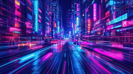 Neon-Lit City Street with Blurred Lights and Traffic