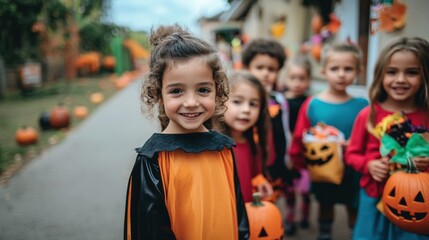 Fototapeta premium Group of children dressed in colorful Halloween costumes standing on a quiet, decorated street, with pumpkins and spooky decorations around them, all smiling and looking directly at the camera.
