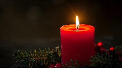 red candle with a soft, glowing flame surrounded by vibrant greenery.
