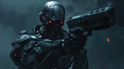 Fototapeta premium Cyberpunk action cyborg warrior with gun. AI generated images