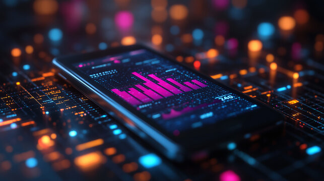 Data on the Rise:  A futuristic smartphone displaying a vibrant data graph, resting on a circuit board illuminated with neon lights. A captivating visual symbolizing the digital age and the power of i - Powered by Adobe
