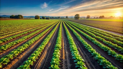 A detailed stock photo of rows of flourishing agricultural crops in the field, agriculture, crops, field, farm, farming, growth