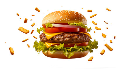 Tasty hamburger isolated on transparent background, PNG image with background removed