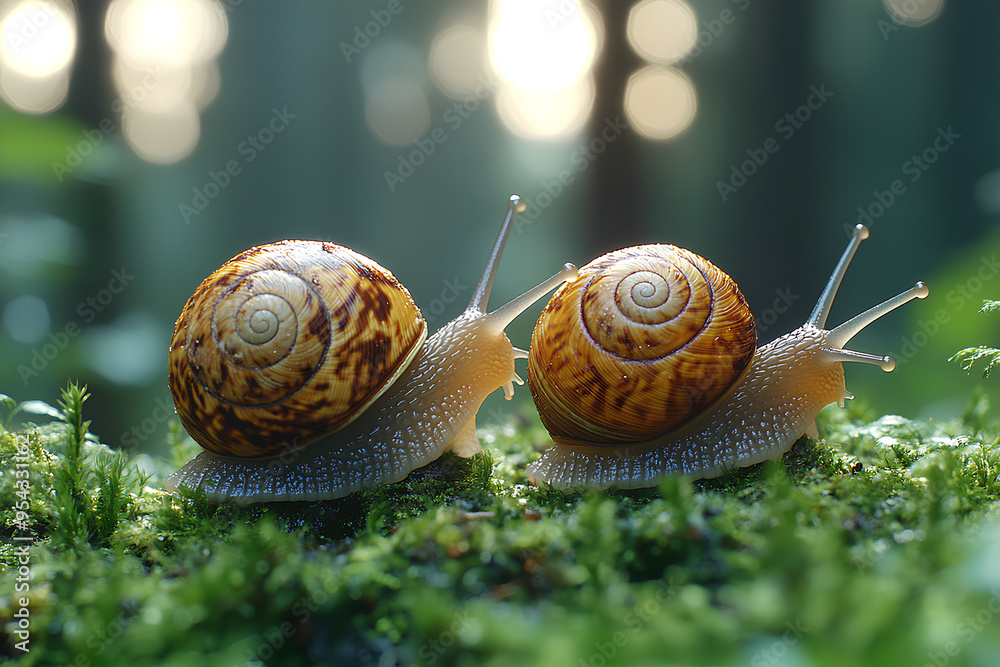 Wall mural Big snail in shell crawling on road, Close up shot of snail, Snail animal in the forest