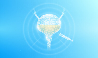 Medicine pills various in bladder human and syringe. Overtreatment with antibiotics can have harmful effects on the organs. Medical science health care concept. Vector EPS10.