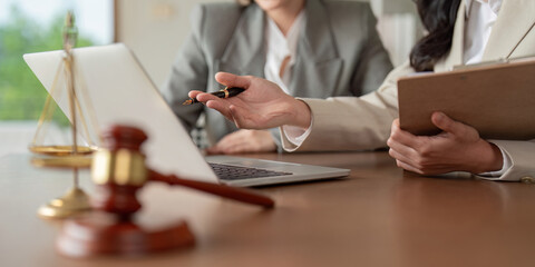 Lawyers discussing legal matters using laptop and documents