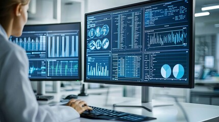 Scientist Analyzes Data on Multiple Monitors in a Modern Laboratory