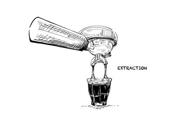 Illustration hand drawn Extraction espresso coffee shots with an automatic machine on white background.