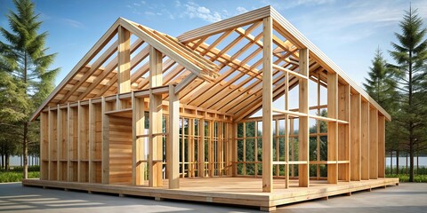 Architectural pine structure with geometric and industrial design elements