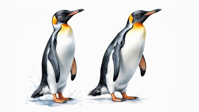 Penguins in a watercolor style set against a pure white solid background