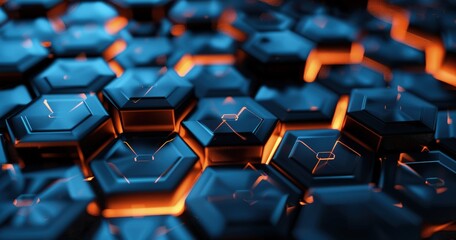 Fototapeta premium A close-up view of hexagonal patterns with glowing edges, creating a futuristic aesthetic.