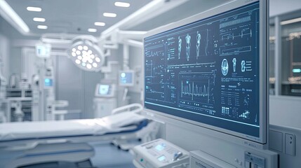 Modern Hospital Room Displays Patient Data on Monitor Screen