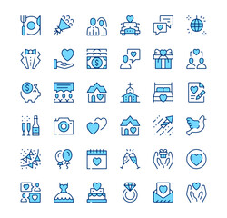 Wedding icons. Outline symbols. Vector blue line icons set