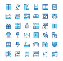 Furniture icons. Outline symbols. Vector blue line icons set