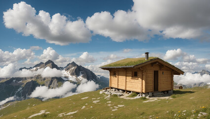 Wooden hut on a mountaintop, grassy field, mountains and clouds.