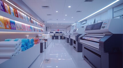 Obraz premium a boutique digital textile print shop, A beautifully arranged display wall showcases custom-printed products such as pillows, t-shirts, and blankets, while heavy-duty sewing machines in the foreground