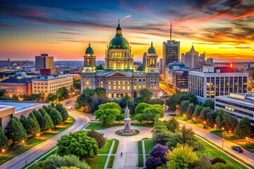 Obraz premium Vibrant downtown Des Moines cityscape at sunset, featuring the Iowa State Capitol building, modern skyscrapers, and