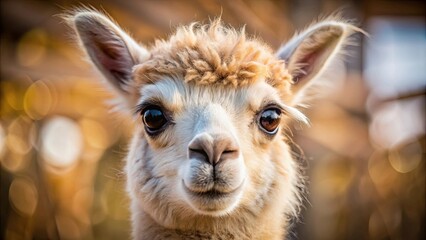 Fototapeta premium Close-up of an adorable alpaca with soft fur and big eyes, gazing directly into the camera with selective focus blurring the background