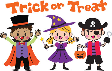 Cute kids with halloween costumes and Trick or Treat texts. Vector Illustration.
