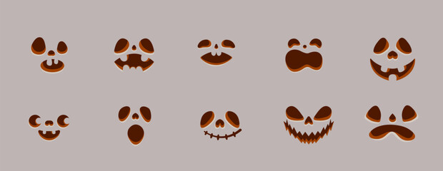 Obraz premium Funny faces for Halloween pumpkin carving objects flat color vector icon set. Cute monsters grimaces illustration pack on grey background