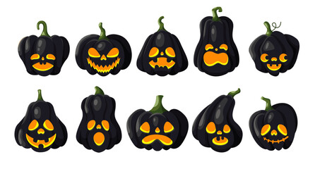 Evil pumpkins painted in black color. Halloween objects flat color vector icon set. Traditional spooky fall holiday decor illustration spooky fall holiday decor on white background