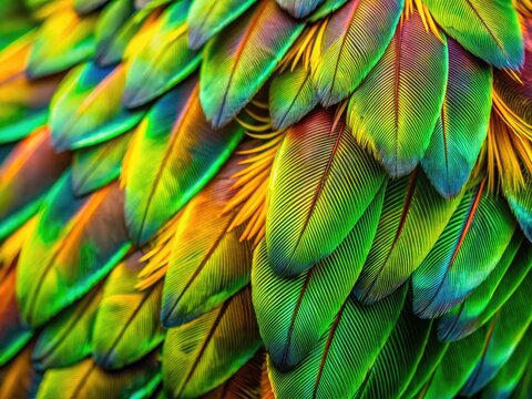 Vibrant Feathers Of A Tropical Bird In Close-Up With A Blurred Green Background, Showcasing Intricate Patterns And Textures.
