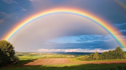 Naklejka premium Bright rainbow over a rural landscape after a rainstorm, colorful weather, hope and renewal
