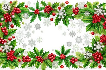 Vibrant festive border featuring intertwined holly, mistletoe, and snowflakes in shades of red, green, and white,
