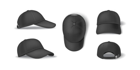 Casual dark baseball cap mockup format reasonable vector outline set. Head clothing with brand layout 3d models on white foundation
