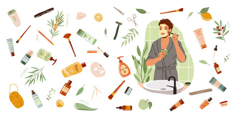 Man applying facial mask among cosmetic products pattern flat color vector illustration. Grooming procedures cartoon composition on white