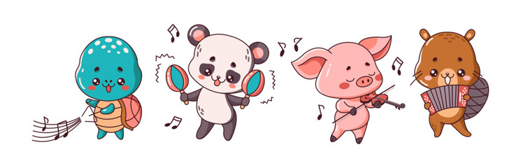 Cute animals shown as musicians flat color vector illustrations set. Kawaii characters bring lively concert to life set on white background