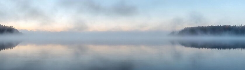 Drifting fog over a still lake at dawn, foggy weather, calm and ethereal