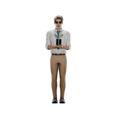 Educational Professional Male. A male teacher is standing in a formal pose while holding a cup filled with stationery. 3D Teacher Cartoon