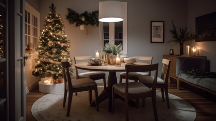 Christmas tree with a frosted appearance, standing proudly in a cozy dining area.