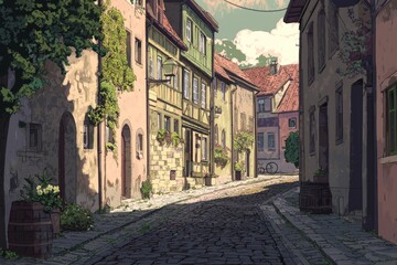Fototapeta premium Walking down a charming cobblestone street in a small town. Cozy vibe, Generative AI
