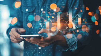 Businessman Using Smartphone with Data Analysis and Chart Overlay