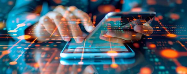 Hands using smartphone with futuristic abstract bokeh lights