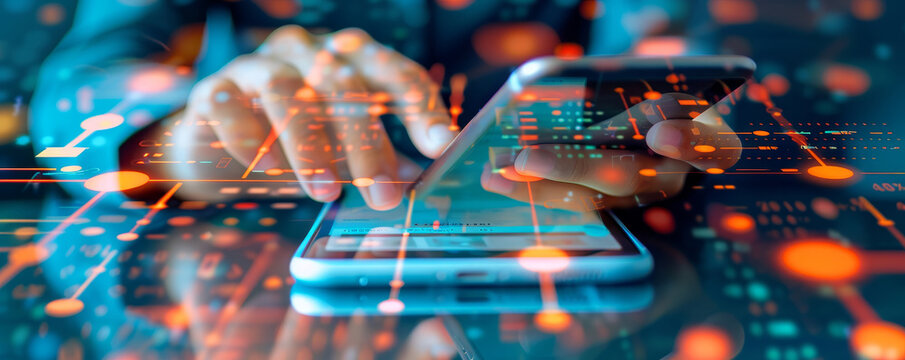 Hands using smartphone with futuristic abstract bokeh lights