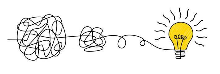 Idea doodle concept. Confuse to simplicity concept with messy hand drawn lines and light bulb. Vector clarity and thought process illustration for tangled way solution