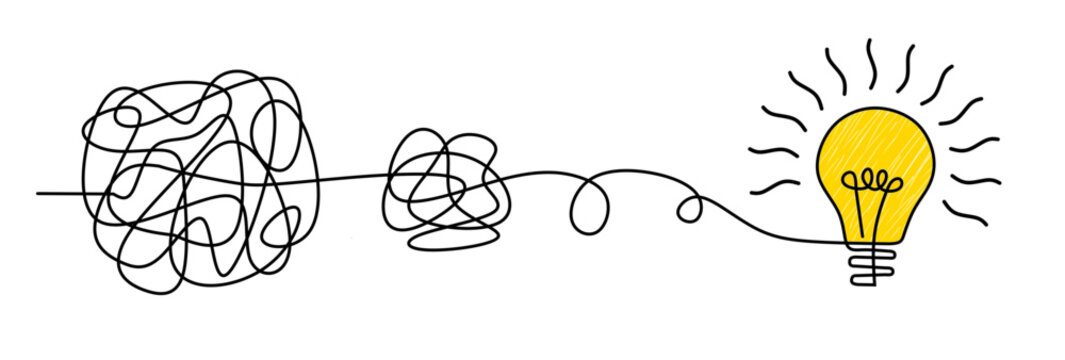 Idea doodle concept. Confuse to simplicity concept with messy hand drawn lines and light bulb. Vector clarity and thought process illustration for tangled way solution