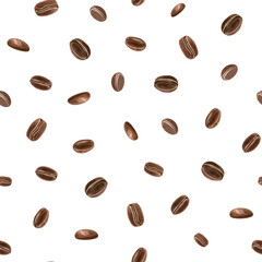 Roasted coffee beans. Seamless pattern with falling dark brown bobs. Ingredient for morning invigorating aromatic drink. Watercolor illustration. For cafe advertising, package, textile