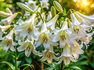 Obraz premium Delicate white belladonna lily blooms with trumpet-shaped flowers and dark green leaves sway gently in a lush, vibrant garden scene bathed in soft, warm light.