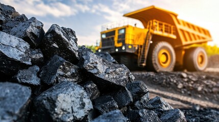 Obraz premium Black Coal Rocks in Front of Large Yellow Mining Truck