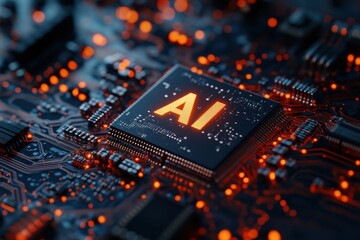 Fototapeta premium AI microchip with glowing circuits on motherboard